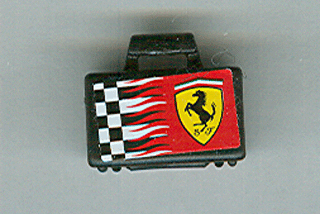 Display of LEGO part no. 4449pb01 Minifigure, Utensil Briefcase with Checkered Ferrari Logo Pattern on Both Sides (Stickers)  which is a Black Minifigure, Utensil Briefcase with Checkered Ferrari Logo Pattern on Both Sides (Stickers) 