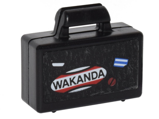 Display of LEGO part no. 4449pb08 Minifigure, Utensil Briefcase with 'WAKANDA', Blue and White Stripes and Red Circle with Line Pattern (Sticker), Set 76051  which is a Black Minifigure, Utensil Briefcase with 'WAKANDA', Blue and White Stripes and Red Circle with Line Pattern (Sticker), Set 76051 