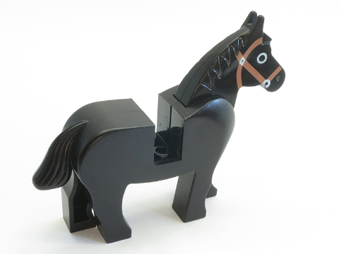 Display of LEGO part no. 4493c01pb02 Horse with Eyes Circled with White, Brown Bridle Pattern  which is a Black Horse with Eyes Circled with White, Brown Bridle Pattern 