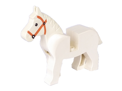 Display of LEGO part no. 4493c01pb04 Horse with Black Eyes, Pupils and Dark Orange Bridle Pattern  which is a White Horse with Black Eyes, Pupils and Dark Orange Bridle Pattern 