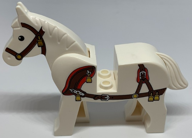 Display of LEGO part no. 4493c01pb08 Horse with Black Eyes, Pupils, Dark Brown Bridle and Reddish Brown Harness with Gold Tassels Pattern  which is a White Horse with Black Eyes, Pupils, Dark Brown Bridle and Reddish Brown Harness with Gold Tassels Pattern 