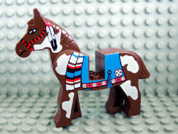 Display of LEGO part no. 4493c01px2 Horse with Blue Blanket, Right Side Red Circle Pattern  which is a Brown Horse with Blue Blanket, Right Side Red Circle Pattern 