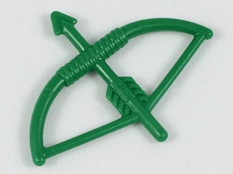 Display of LEGO part no. 4499 Minifigure, Weapon Bow, Longbow with Arrow Drawn  which is a Green Minifigure, Weapon Bow, Longbow with Arrow Drawn 