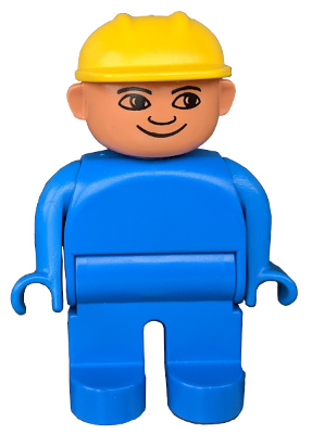 This LEGO minifigure is called, Duplo Figure, Male, Blue Legs, Blue Top, Construction Hat Yellow . It's minifig ID is 4555pb216.