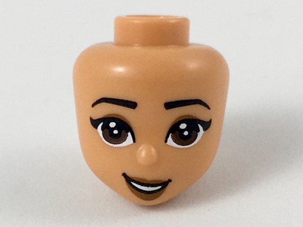 Display of LEGO part no. 47105 Mini Doll, Head Friends with Dark Brown Eyes, Medium Lips Pattern (Jasmine)  which is a Nougat Mini Doll, Head Friends with Dark Brown Eyes, Medium Lips Pattern (Jasmine) 