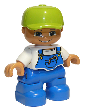 This LEGO minifigure is called, Duplo Figure Lego Ville, Child Boy, Blue Legs, White Top with Blue Overalls, Worms in Pocket, Lime Cap (4251086) . It's minifig ID is 47205pb002.