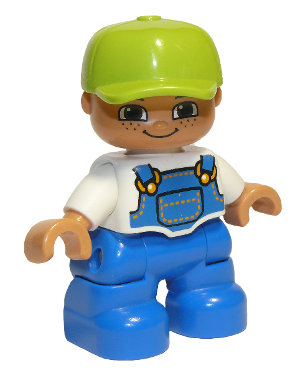 This LEGO minifigure is called, Duplo Figure Lego Ville, Child Boy, Blue Legs, White Top with Blue Overalls, Lime Cap, Freckles . It's minifig ID is 47205pb025.