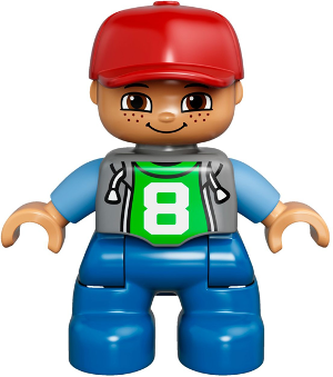 Duplo Figure Lego Ville Child Boy Blue Legs Light Bluish Gray Top with Number 8 Medium Blue Arms Red Cap Freckles