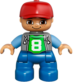 Display of LEGO Duplo Duplo Figure Lego Ville, Child Boy, Blue Legs, Light Bluish Gray Top with Number 8, Medium Blue Arms, Red Cap, Freckles