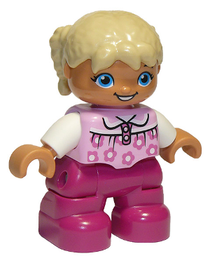 This LEGO minifigure is called, Duplo Figure Lego Ville, Child Girl, Magenta Legs, Bright Pink Top with Flowers, White Arms, Tan Hair with Braids, Oval Eyes . It's minifig ID is 47205pb028a.