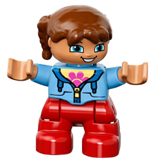 This LEGO minifigure is called, Duplo Figure Lego Ville, Child Girl, Red Legs, Medium Blue Jacket over Shirt with Flower, Reddish Brown Pigtails . It's minifig ID is 47205pb030.