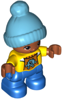 This LEGO minifigure is called, Duplo Figure Lego Ville, Child Boy, Blue Legs, Yellow Top, Medium Azure Bobble Cap . It's minifig ID is 47205pb047.