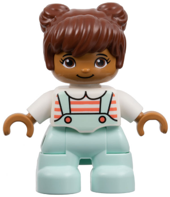 This LEGO minifigure is called, Duplo Figure Lego Ville, Child Girl, Light Aqua Legs, White Top with Coral Stripes, Reddish Brown Hair (6290980) . It's minifig ID is 47205pb071.
