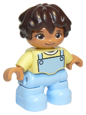 This LEGO minifigure is called, Duplo Figure Lego Ville, Child Girl, Bright Light Blue Legs, Bright Light Yellow Top, Dark Brown Hair . It's minifig ID is 47205pb073.