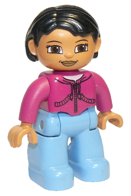 This LEGO minifigure is called, Duplo Figure Lego Ville, Female, Medium Blue Legs, Magenta Top, Black Hair, Brown Eyes . It's minifig ID is 47394pb015.