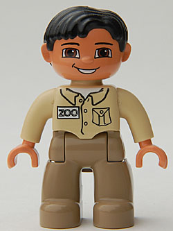 Display of LEGO Duplo Duplo Figure Lego Ville, Male, Dark Tan Legs, Tan Top, Black Hair, Brown Eyes (Zoo Keeper)
