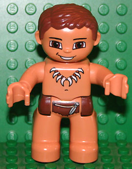 This LEGO minifigure is called, Duplo Figure Lego Ville, Male, Nougat Legs, Reddish Brown Hips, Reddish Brown Hair, Animal Tooth / Claw Necklace (Caveman) . It's minifig ID is 47394pb098.