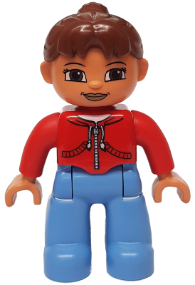 This LEGO minifigure is called, Duplo Figure Lego Ville, Female, Medium Blue Legs, Red Jacket with White Zipper and Pockets, Reddish Brown Ponytail Hair . It's minifig ID is 47394pb114a.