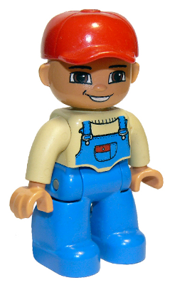 This LEGO minifigure is called, Duplo Figure Lego Ville, Male, Blue Legs, Tan Top with Blue Overalls, Red Baseball Cap (4529970) . It's minifig ID is 47394pb115.