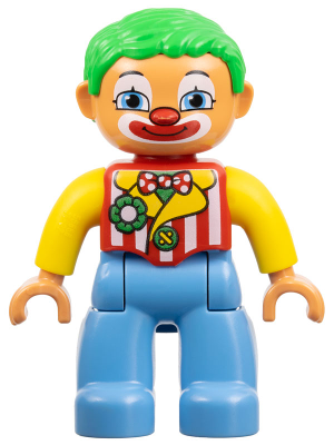 This LEGO minifigure is called, Duplo Figure Lego Ville, Male Clown, Medium Blue Legs, Striped Jacket, Bow Tie, Green Hair . It's minifig ID is 47394pb151.