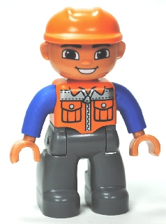 Display of LEGO Duplo Duplo Figure Lego Ville, Male, Dark Bluish Gray Legs, Orange Vest with Zipper and Pockets, Orange Construction Helmet