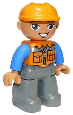 Display of LEGO Duplo Duplo Figure Lego Ville, Male, Dark Bluish Gray Legs, Orange Vest with Zipper and Pockets, Orange Construction Helmet, Oval Eyes