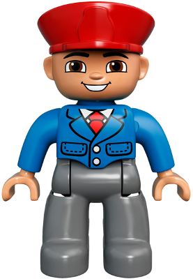 Display of LEGO Duplo Duplo Figure Lego Ville, Male, Dark Bluish Gray Legs, Blue Jacket with Tie, Red Hat, Smile with Teeth (Train Conductor)