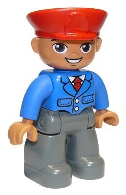 Display of LEGO Duplo Duplo Figure Lego Ville, Male, Dark Bluish Gray Legs, Blue Jacket with Tie, Red Hat, Smile with Teeth (Train Conductor), Oval Eyes