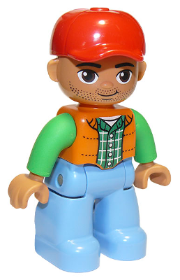 This LEGO minifigure is called, Duplo Figure Lego Ville, Male, Medium Blue Legs, Orange Vest, Dark Green Plaid Shirt, Bright Green Arms, Red Cap, Oval Eyes (6273449) . It's minifig ID is 47394pb166a.