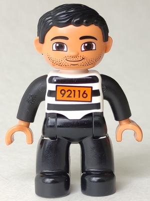 Display of LEGO Duplo Duplo Figure Lego Ville, Male, Black Legs, Black and White Striped Top with Number 92116, Black Hair (Prisoner)