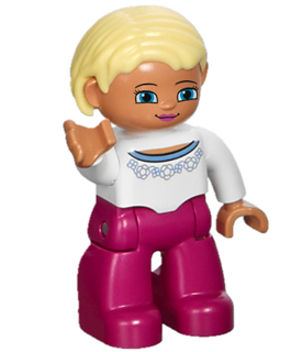 This LEGO minifigure is called, Duplo Figure Lego Ville, Female, Magenta Legs, White Sweater with Blue Pattern, Bright Light Yellow Hair, Blue Eyes . It's minifig ID is 47394pb170.