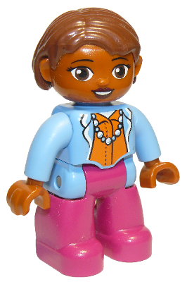 Display of LEGO Duplo Duplo Figure Lego Ville, Female, Magenta Legs, Medium Blue Top with Necklace, Dark Orange Hair, Oval Eyes