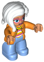 This LEGO minifigure is called, Duplo Figure Lego Ville, Female, Medium Blue Legs, Orange Jacket, Striped Sweater, White Hair . It's minifig ID is 47394pb221.