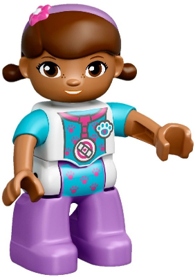 This LEGO minifigure is called, Duplo Figure Lego Ville, Female, Dottie McStuffins, Medium Lavender Legs (6145599 / 6209896) . It's minifig ID is 47394pb223.