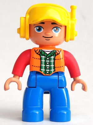This LEGO minifigure is called, Duplo Figure Lego Ville, Male, Blue Legs, Orange Vest, Dark Green Plaid Shirt, Red Arms, Yellow Cap with Headset, Oval Eyes . It's minifig ID is 47394pb231a.