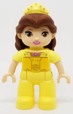 Display of LEGO Duplo Duplo Figure Lego Ville, Disney Princess, Belle, Bright Light Yellow Legs, Top, and Tiara, Reddish Brown Hair