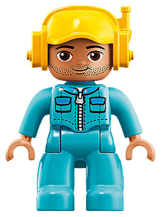 This LEGO minifigure is called, Duplo Figure Lego Ville, Male, Medium Azure Legs, Medium Azure Jacket with Zipper and Pockets, Yellow Cap with Headset . It's minifig ID is 47394pb260.