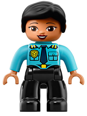This LEGO minifigure is called, Duplo Figure Lego Ville, Female Police, Black Legs, Medium Azure Top with Badge and Epaulettes, Black Hair . It's minifig ID is 47394pb262.