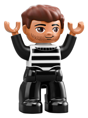 This LEGO minifigure is called, Duplo Figure Lego Ville, Male, Black Legs, Black and White Striped Top, Reddish Brown Hair (Prisoner) . It's minifig ID is 47394pb264.