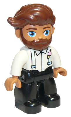 This LEGO minifigure is called, Duplo Figure Lego Ville, Male, Black Legs, White Top with Light Aqua Suspenders, Reddish Brown Hair, Beard . It's minifig ID is 47394pb280.