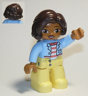 This LEGO minifigure is called, Duplo Figure Lego Ville, Female, Bright Light Yellow Legs, Bright Light Blue Top with Coral and White Stripes Shirt, Dark Brown Hair (6294848) . It's minifig ID is 47394pb284.
