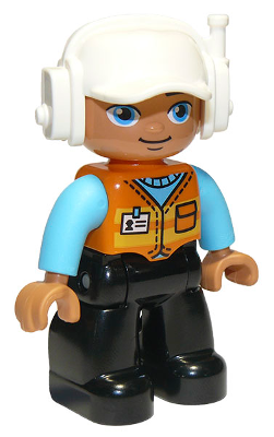 This LEGO minifigure is called, Duplo Figure Lego Ville, Male, Black Legs, Orange Vest with Badge and Pocket, Medium Azure Arms, White Cap with Headset (6301361) . It's minifig ID is 47394pb288.