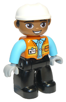 This LEGO minifigure is called, Duplo Figure Lego Ville, Male, Black Legs, Orange Vest with Badge and Pocket, Medium Azure Arms, Light Bluish Gray Hands, White Construction Helmet (6308180) . It's minifig ID is 47394pb289.
