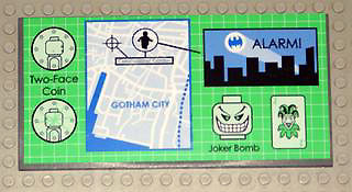Display of LEGO part no. 48288pb05 Tile 8 x 16 with Bottom Tubes on Edges with Batman Gotham City Map Display Pattern (Sticker), Set 7783  which is a Dark Bluish Gray Tile 8 x 16 with Bottom Tubes on Edges with Batman Gotham City Map Display Pattern (Sticker), Set 7783 