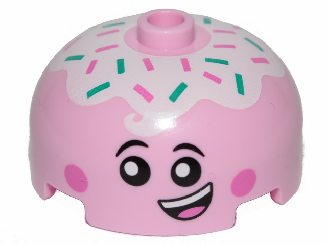 Display of LEGO part no. 49308pb001 Brick, Round 3 x 3 x 1 1/3 Dome Top, Open Stud with Face with Smile, Eyes with Pupils, Pink Cheeks and Topping Pattern  which is a Bright Pink Brick, Round 3 x 3 x 1 1/3 Dome Top, Open Stud with Face with Smile, Eyes with Pupils, Pink Cheeks and Topping Pattern 