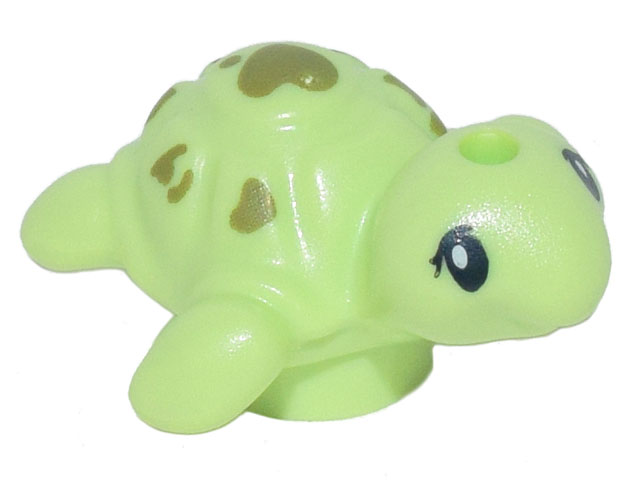 Display of LEGO part no. 49576pb01 Turtle Baby, Friends with Black Eyes and Olive Green Spots Pattern  which is a Yellowish Green Turtle Baby, Friends with Black Eyes and Olive Green Spots Pattern 