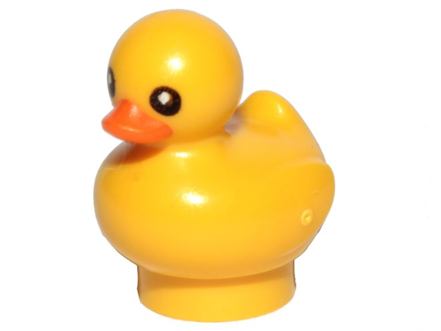 Display of LEGO part no. 49661pb01 Duckling with Black Eyes and Orange Beak Pattern  which is a Yellow Duckling with Black Eyes and Orange Beak Pattern 