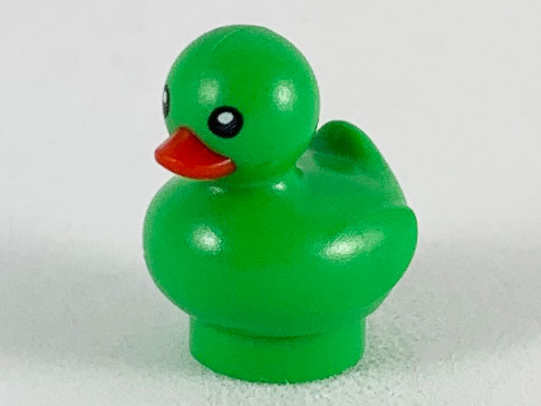 Display of LEGO part no. 49661pb02 Duckling with Black Eyes and Red Beak Pattern  which is a Bright Green Duckling with Black Eyes and Red Beak Pattern 