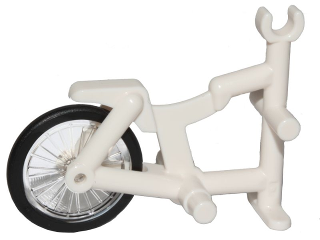 Display of LEGO part no. 50015c01 Tricycle Frame with Trans-Clear Wheel Bicycle with Fixed Black Hard Rubber Tire (1-Piece Wheel) (50015 / 92851c01)  which is a White Tricycle Frame with Trans-Clear Wheel Bicycle with Fixed Black Hard Rubber Tire (1-Piece Wheel) (50015 / 92851c01) 