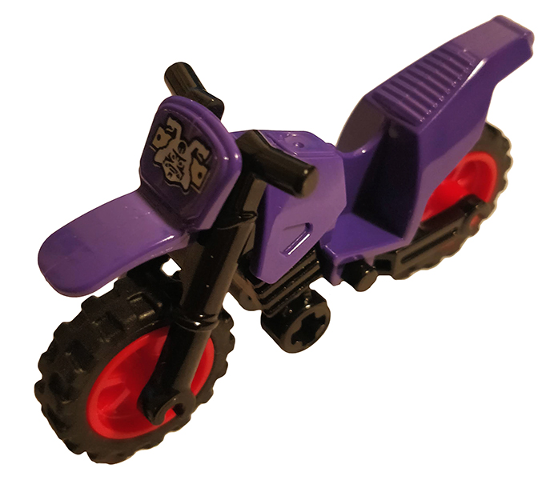 Display of LEGO part no. 50860c08pb01 Motorcycle Dirt Bike with Black Chassis (Long Fairing Mounts) and Red Wheels with White Samurai Head Pattern (Sticker), Set 70641  which is a Dark Purple Motorcycle Dirt Bike with Black Chassis (Long Fairing Mounts) and Red Wheels with White Samurai Head Pattern (Sticker), Set 70641 